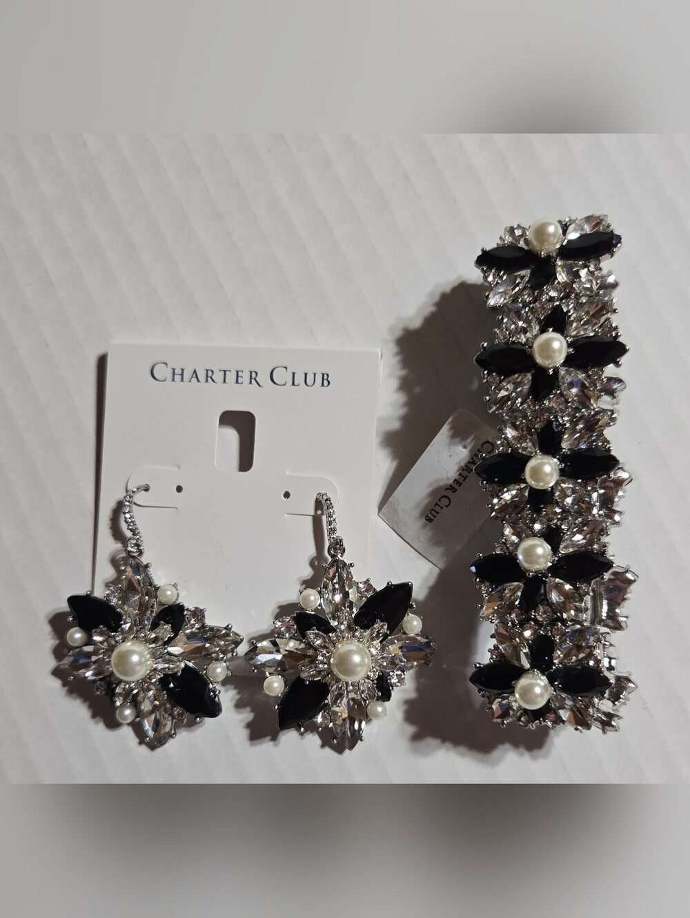Charter Club Black and Pearl Crystal Statement Earrings And Stretch Bracelet Set